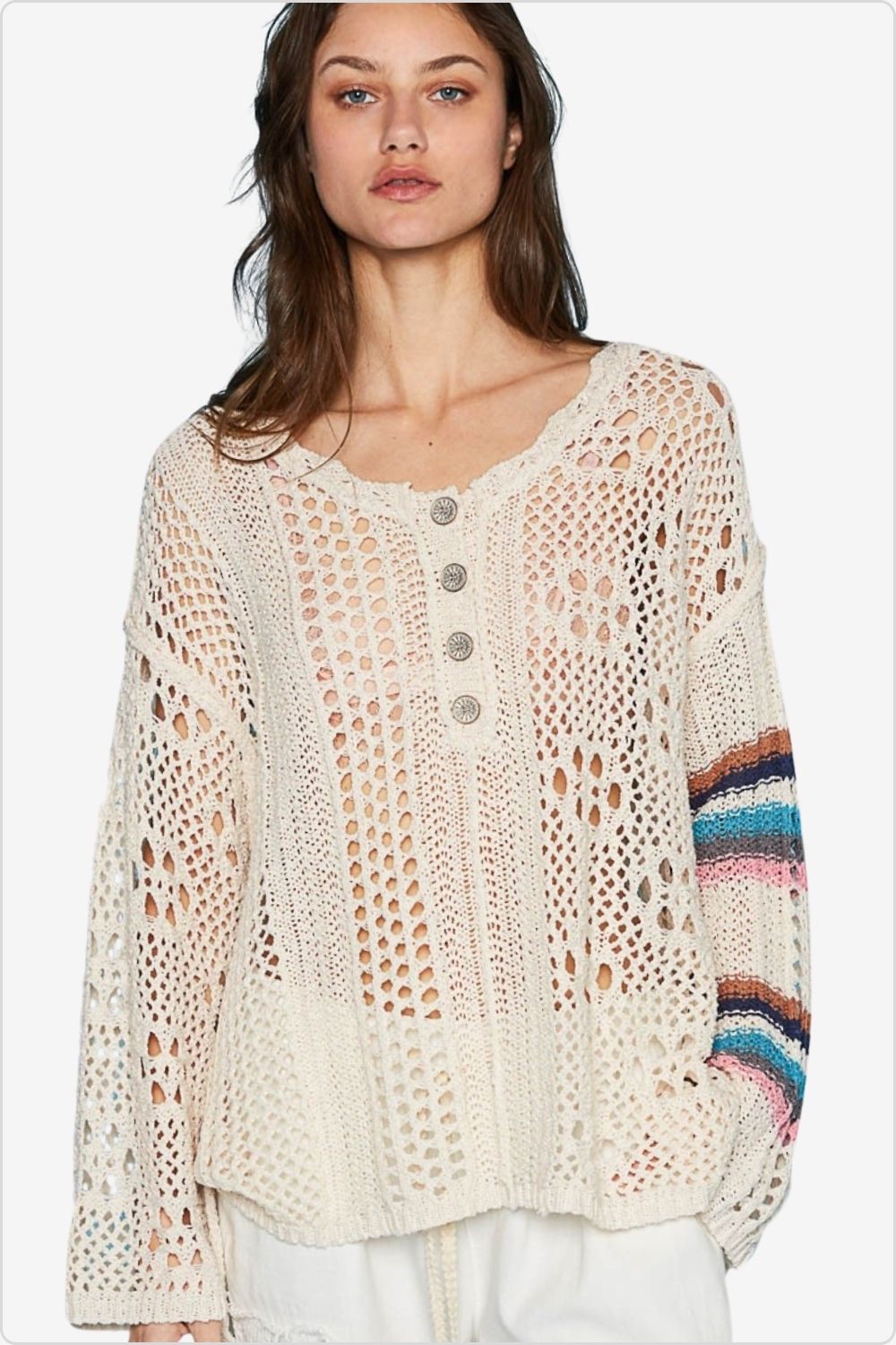 Front view of cozy acrylic round neck top, Color Oatmeal Multi