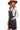 Side view of the black denim overall dress, highlighting its casual fit and utility-inspired design.