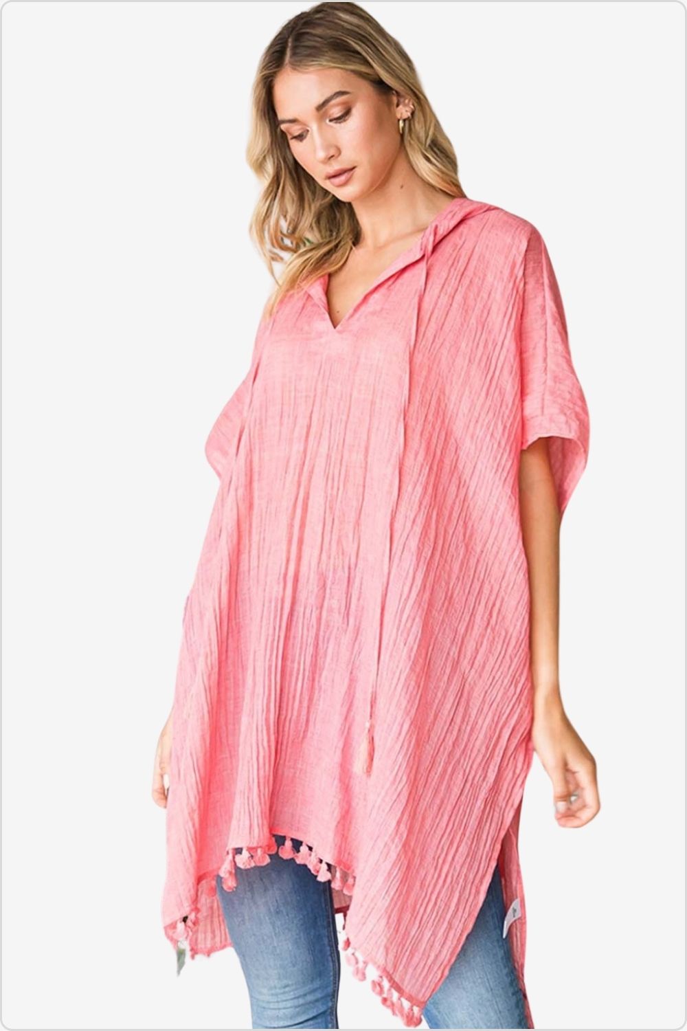 Stylish hooded cover-up with playful tassel hem, perfect for beach fashion, Color Light Coral