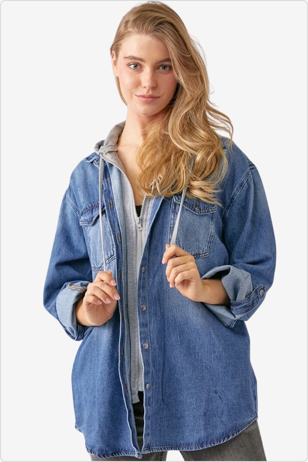 Trendy woman in a casual zip-up hooded denim shirt, ideal for versatile styling, Color Dark