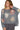 Front view of women's floral knit top in charcoal, featuring dropped shoulders and long sleeves.