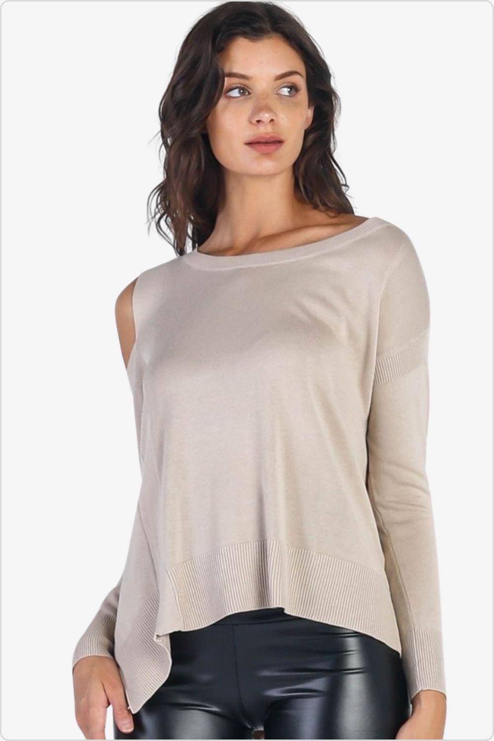 Stylish cold shoulder long sleeve knit top, ideal for versatile fashion, Beige