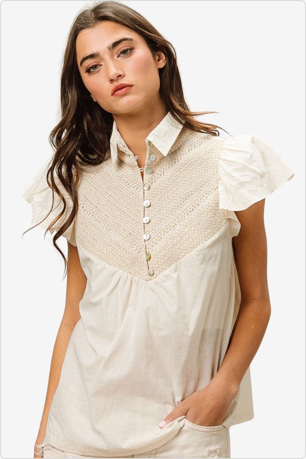 Sophisticated button collared top in front view, perfect for versatile styling, Color Ivory