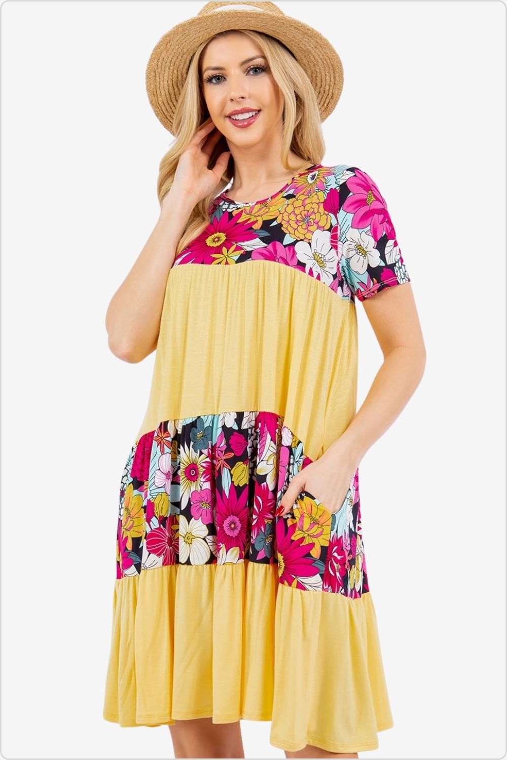 Woman in a color block floral dress with a round neck and short sleeves, perfect for versatile styling, Color Yellow Mint