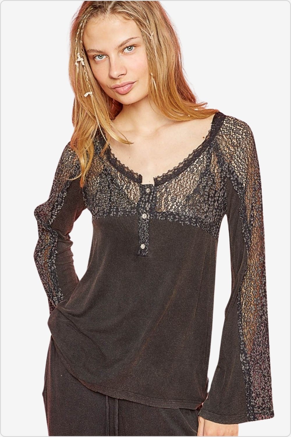 Elegant V-neck lace top in front view, perfect for versatile styling.