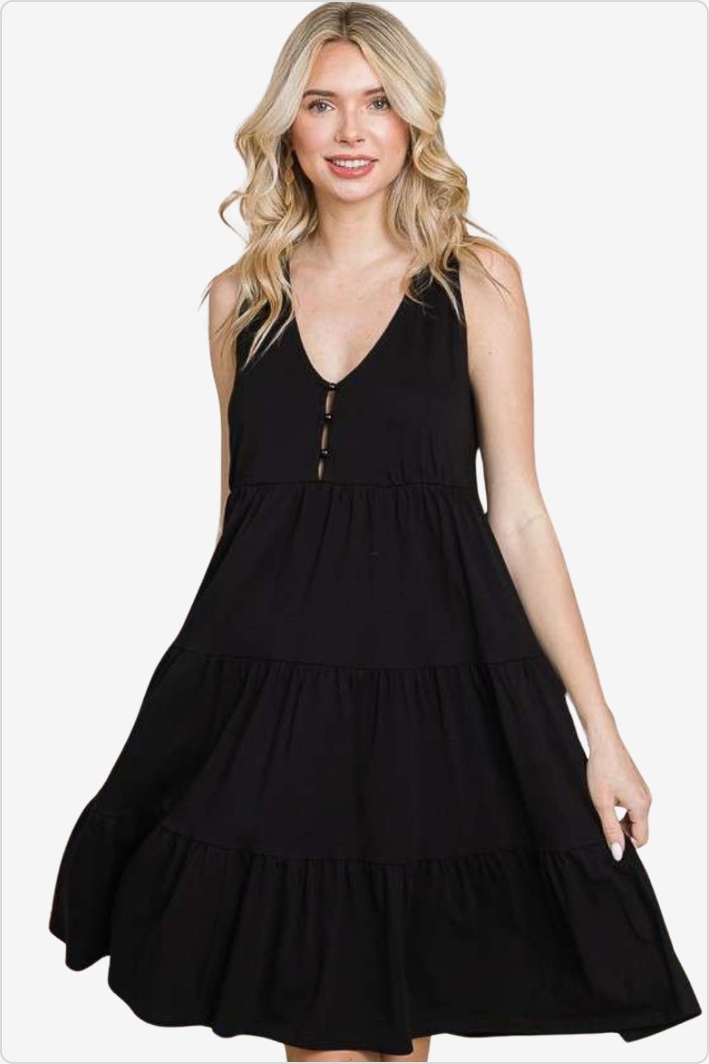 Stylish woman in a racerback tiered tank dress, perfect for summer styling, Color Black
