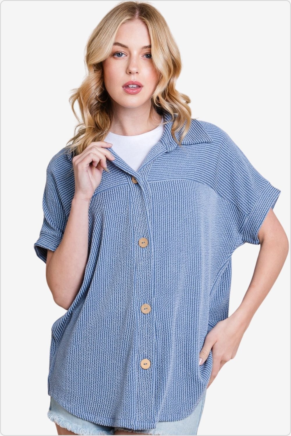 Front view of chic ribbed button-up shirt, perfect for versatile styling, Color  Denim