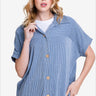 Front view of chic ribbed button-up shirt, perfect for versatile styling, Color  Denim