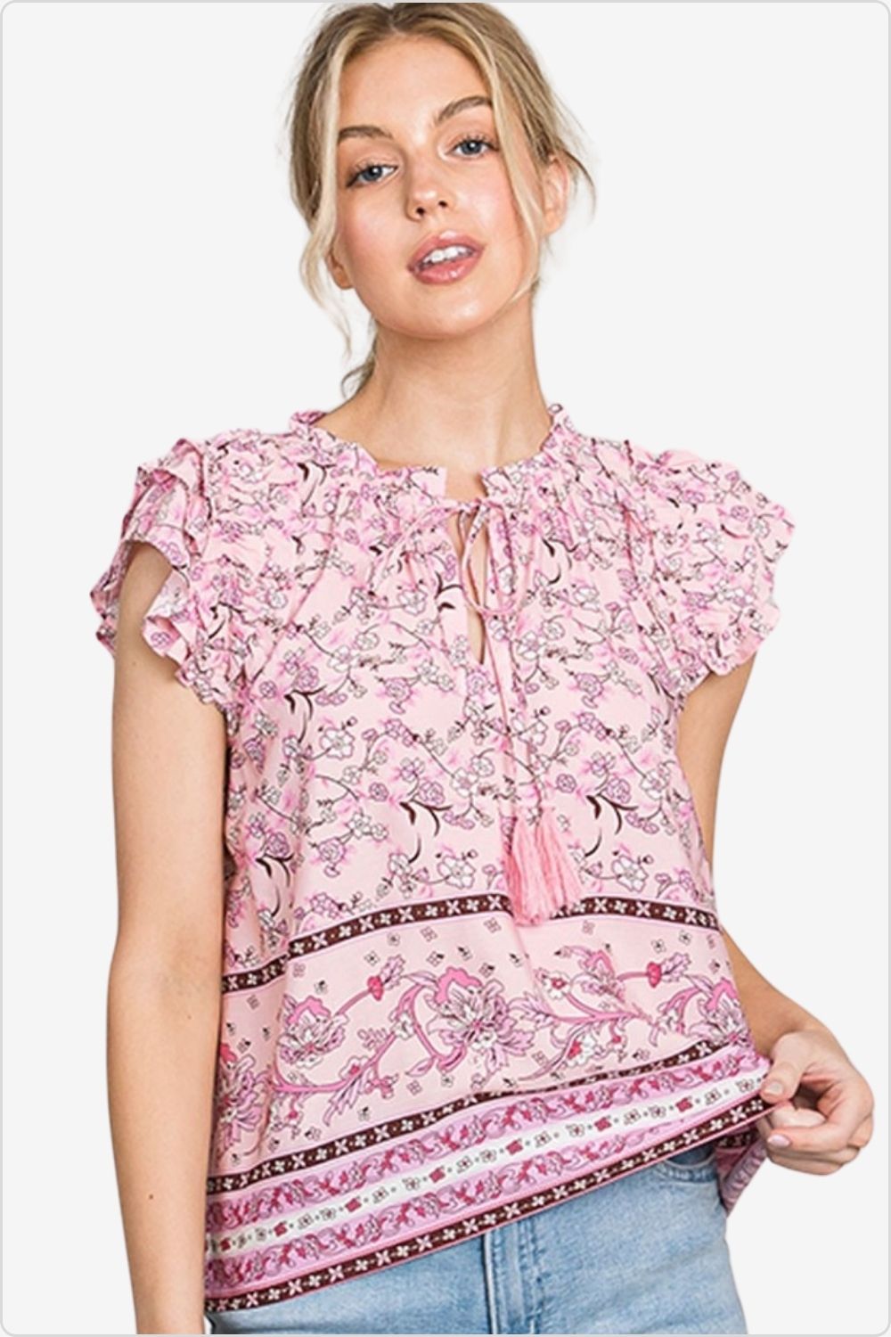 Elegant woman in a printed ruffle sleeve blouse, perfect for enhancing any sophisticated wardrobe, Color Pink
