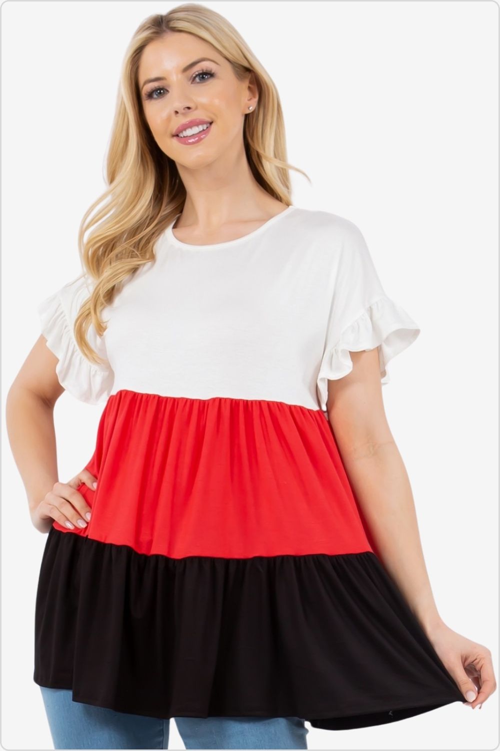 Stylish color block ruffled top with short sleeves, perfect for a versatile wardrobe, Color Ivory/Black