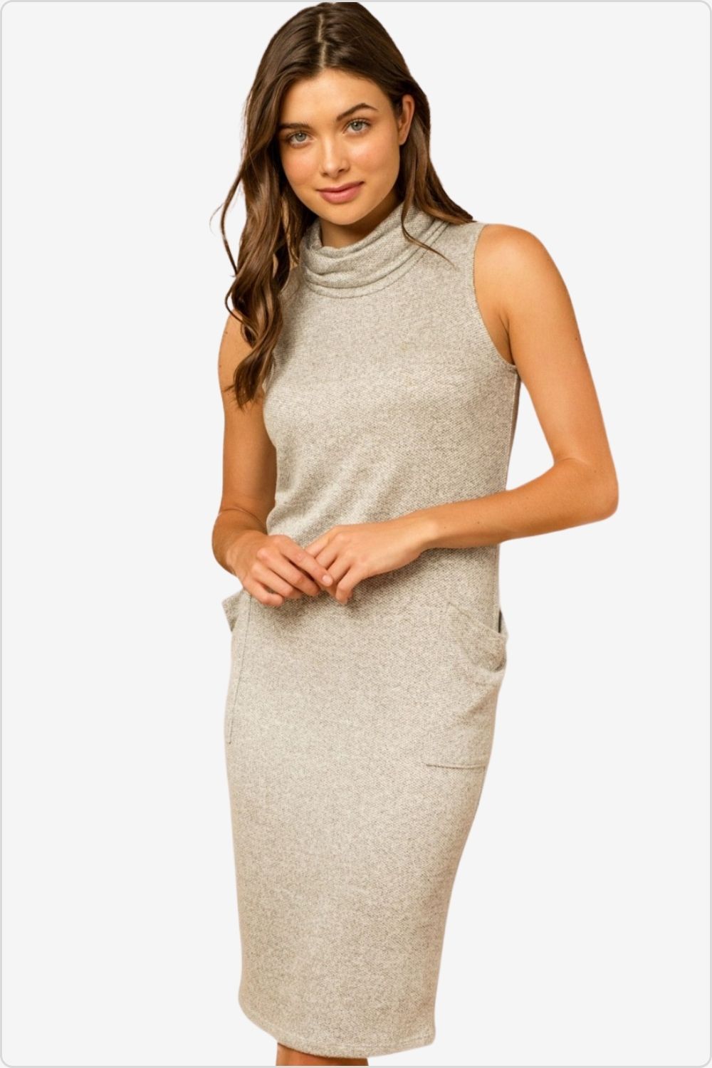 Elegant cowl neck sleeveless dress featuring practical pockets, perfect for summer styling,  Color Heather Grey
