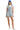 Women's denim romper with square neckline and ruffle shoulder detail.