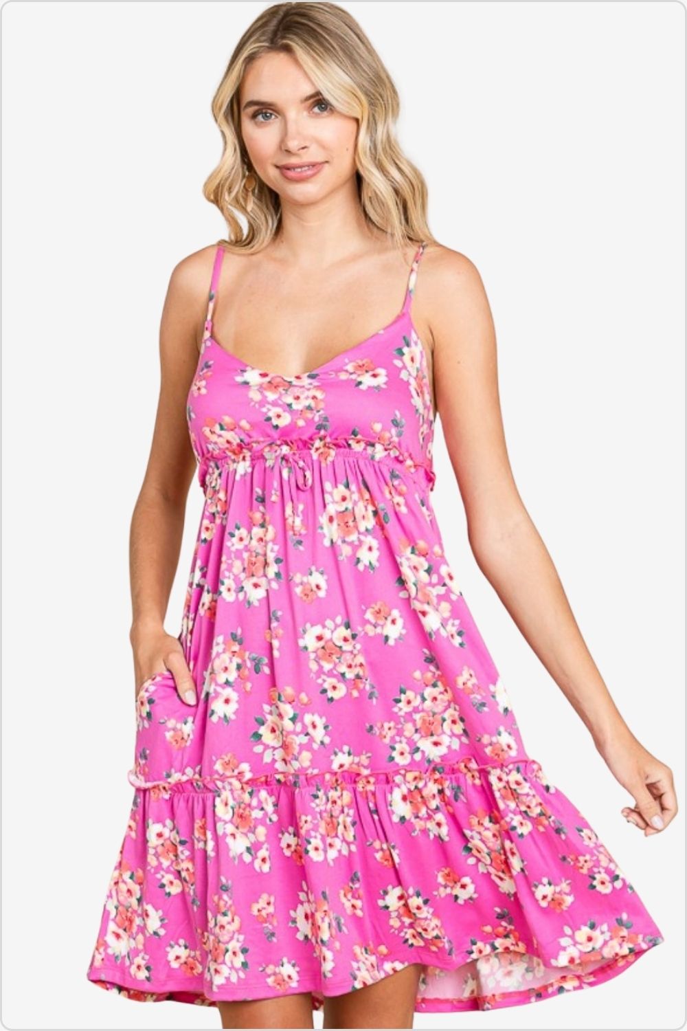 Stylish cami dress with floral print and elegant ruffles, ideal for summer days, Color Pink