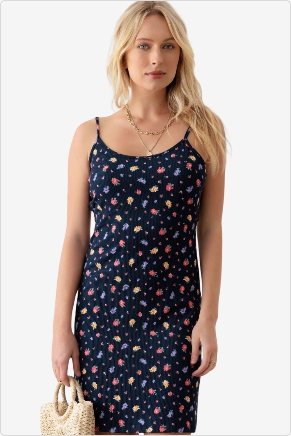 Elegant floral ribbed cami mini dress with a stylish tie-back, ideal for summer outings, Color Navy Multi