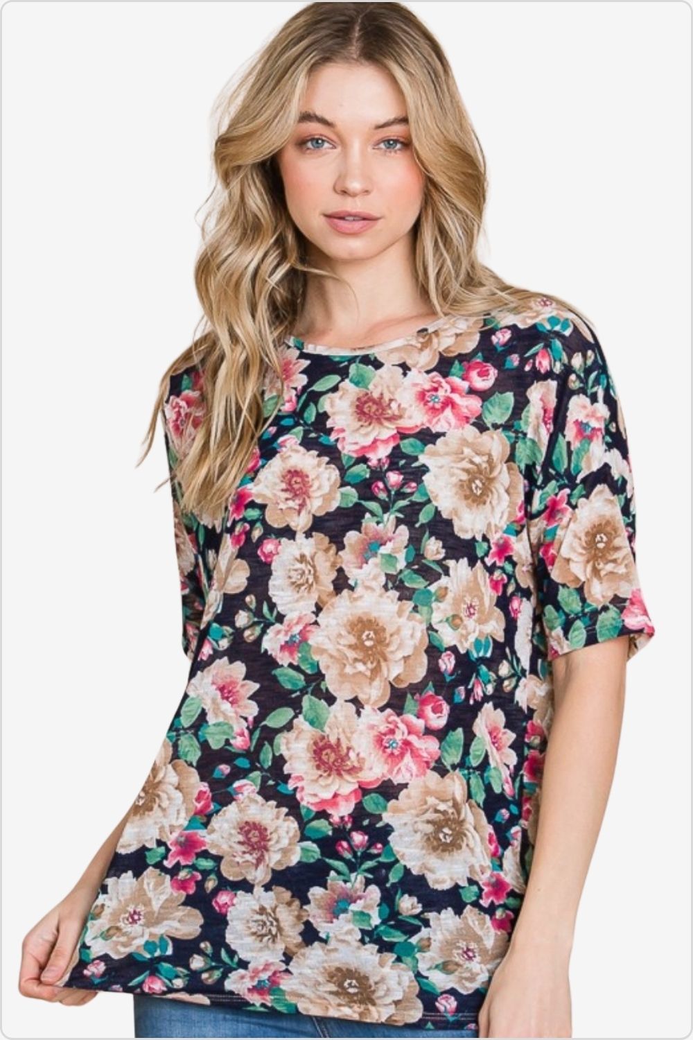 Vibrant floral round neck t-shirt, showcasing a fresh, casual style, Color Navy