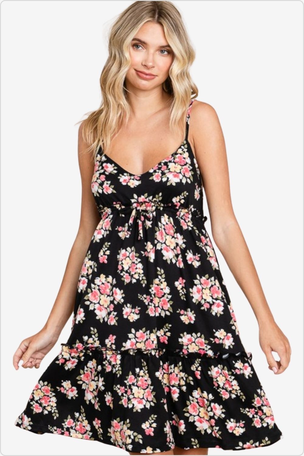 Stylish floral frill cami dress perfect for warm weather and special occasions, Color Black