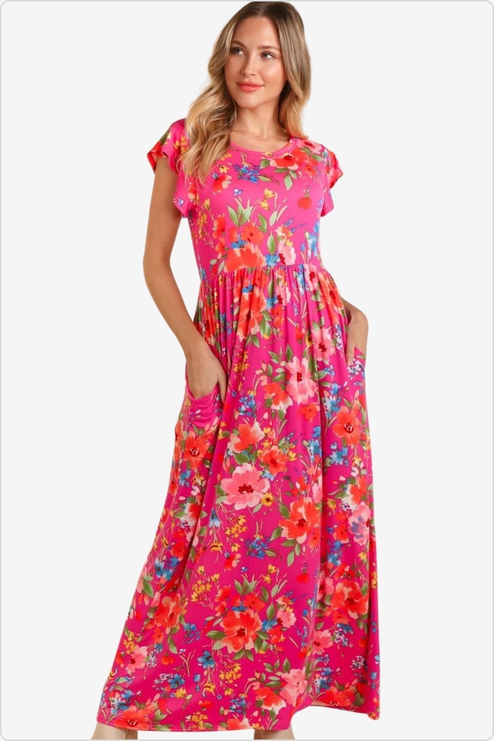 Stunning front view of floral ruffled cap sleeve dress, Color Fuchsia