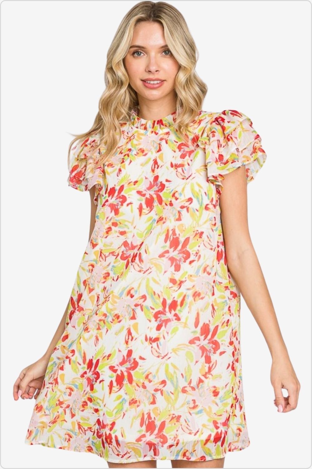 Chic floral mini dress with short sleeves, perfect for summer, Color Red/Green