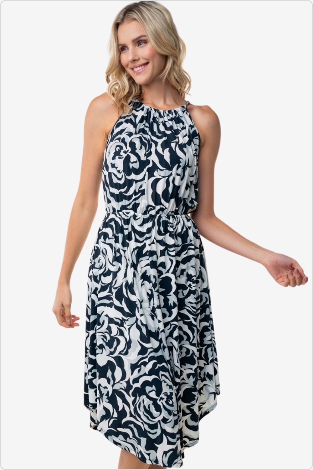 Elegant floral dress with tie back and sleeveless design, perfect for summer events, Color Black