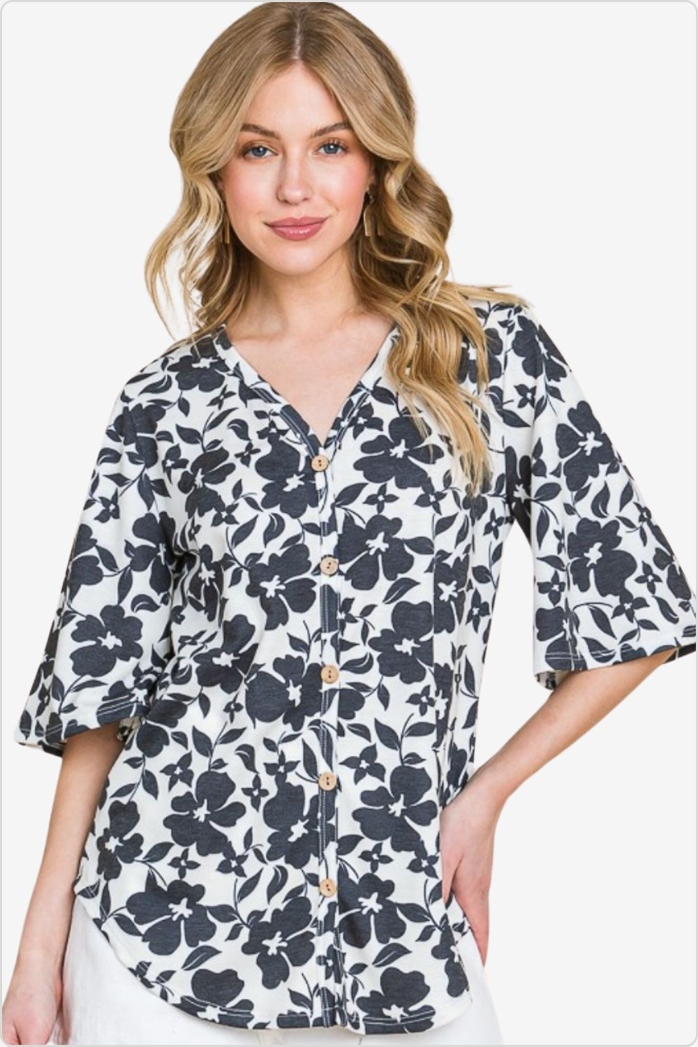 Elegant floral v-neck top with decorative buttons, perfect for stylish women, Color Black