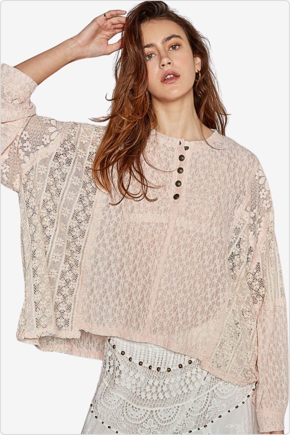 Fashionable oversized top with balloon sleeves and intricate lace details, Color Blush