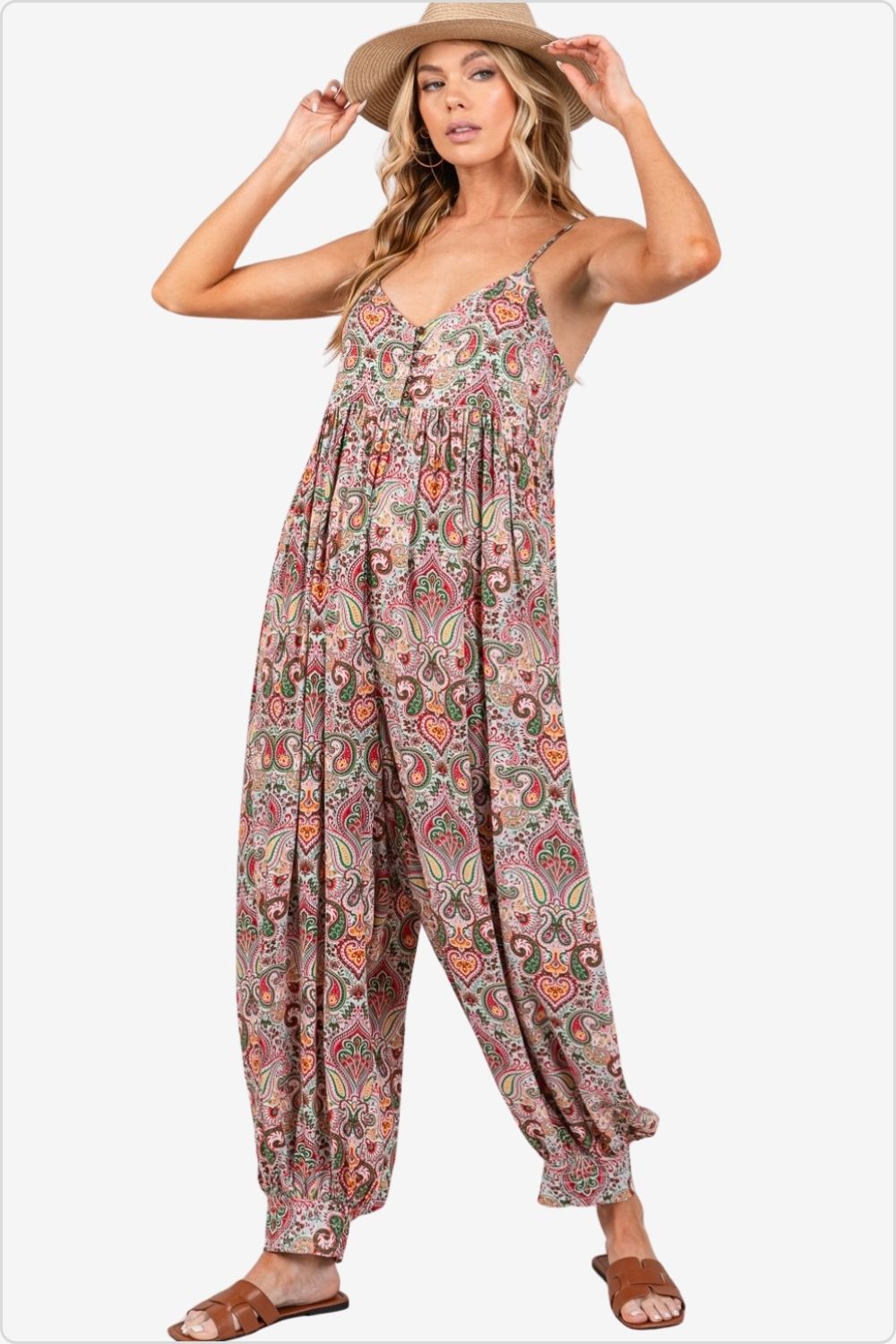 Stylish front view of boho paisley print sleeveless jumpsuit, perfect for summer, Color Mauve