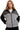 Women's ivory/black plaid sherpa jacket, front view with zip-up closure and cozy texture.