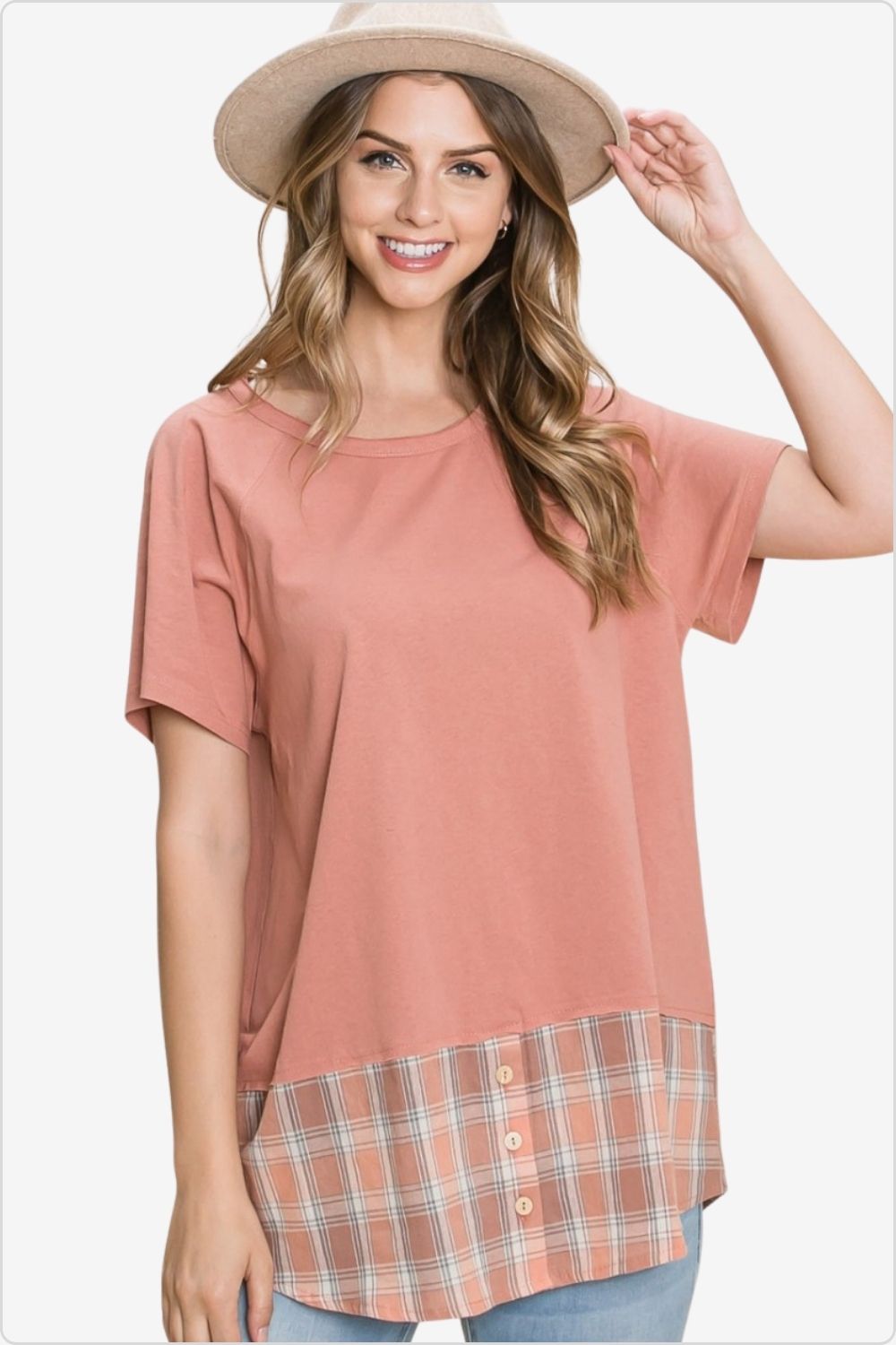 Stylish woman in a plaid contrast short sleeve T-shirt, perfect for casual wear, Color Marsala