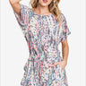 Stylish printed romper with drawstring waist and short sleeves, ideal for summer.