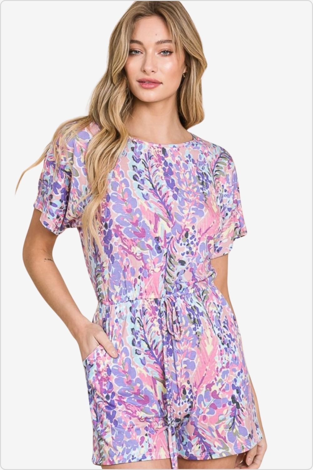 Chic short sleeve romper with playful print and convenient pockets, Color Plum