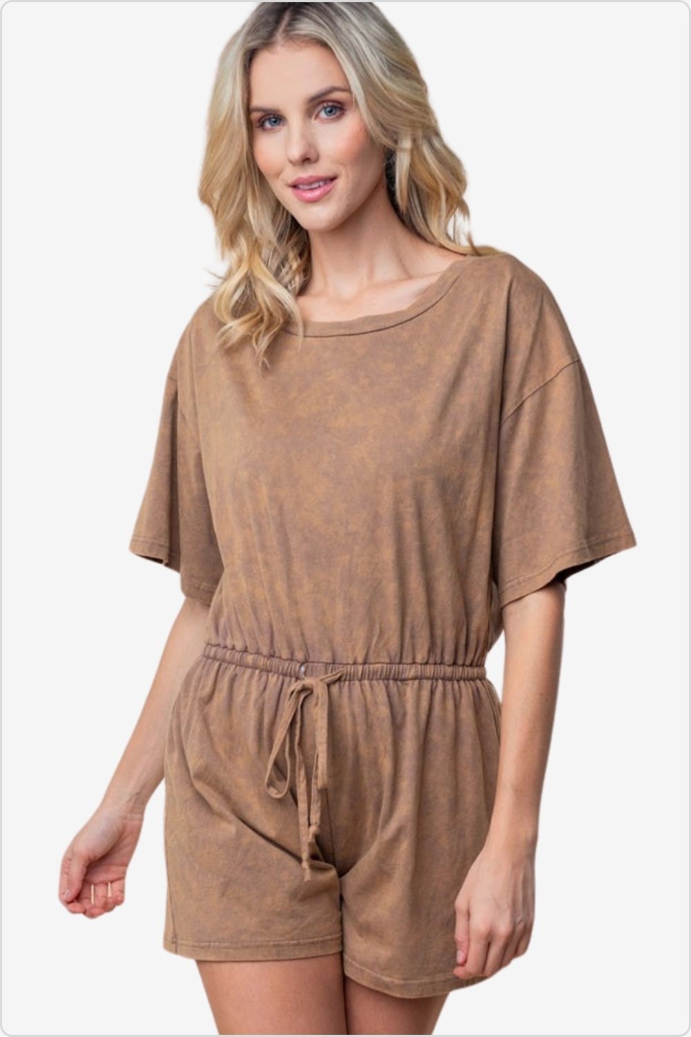 Solid knit romper with round neck and adjustable drawstring waist, perfect for summer, Color Cocoa