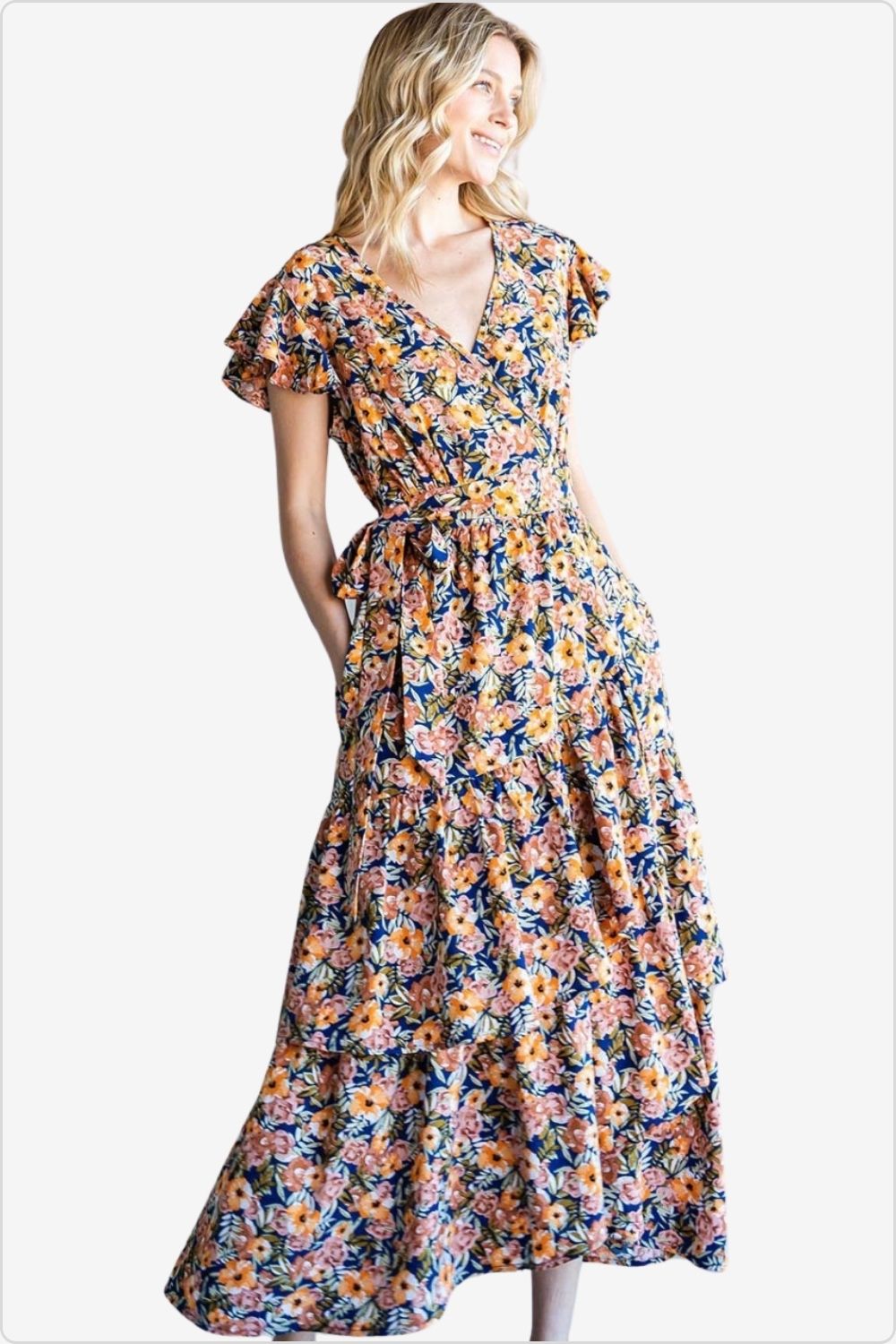 Charming floral midi dress with ruffles, perfect for elegant and casual settings, Color Navy