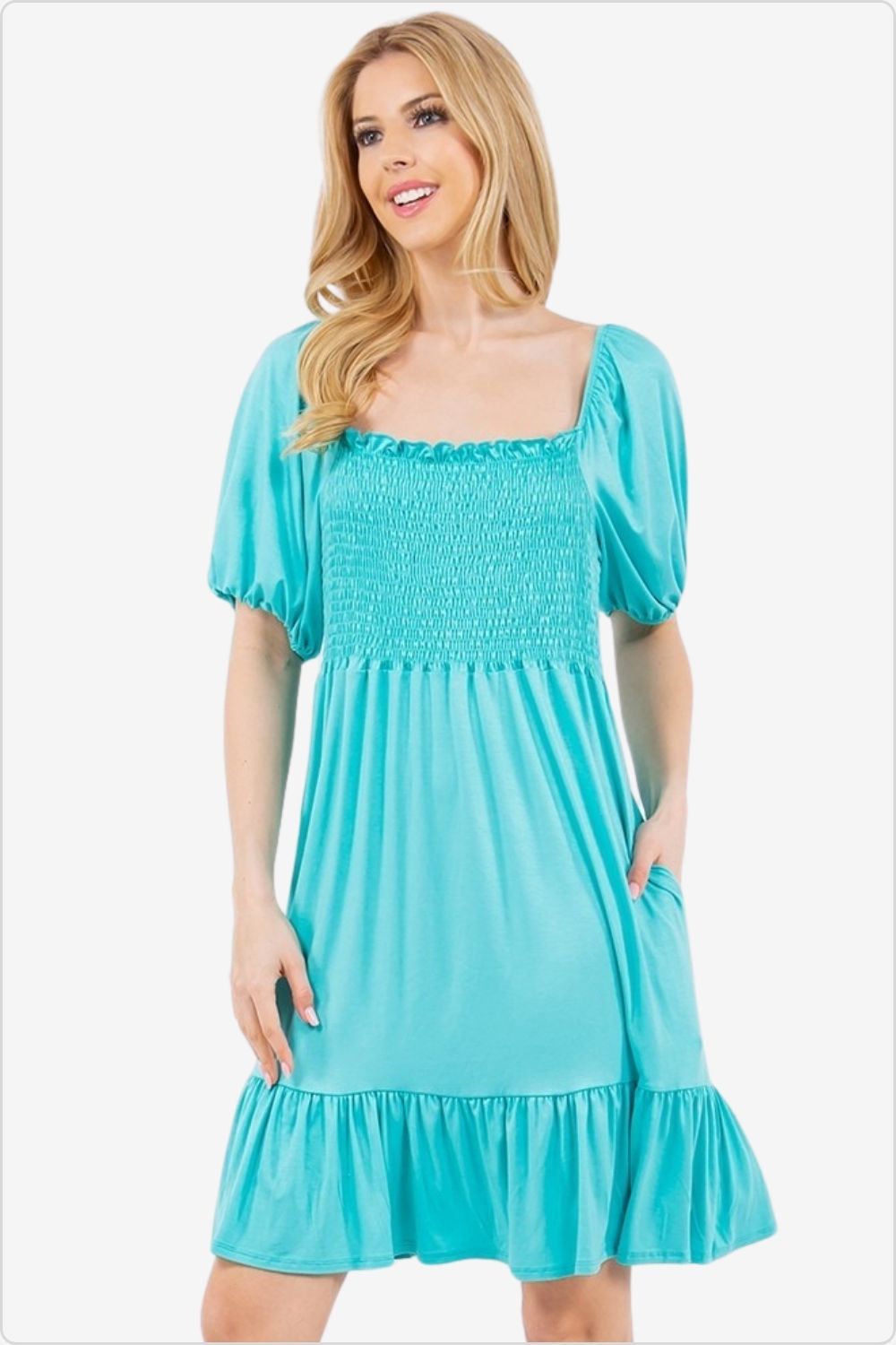Elegant short sleeve smocked dress with a ruffle hem, perfect for spring and summer, Mint