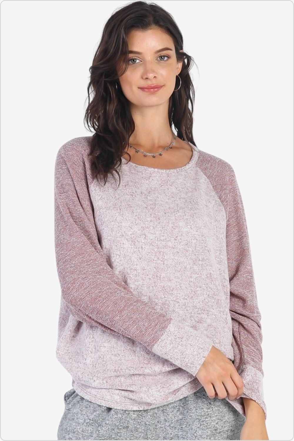 Stylish round neck long sleeve contrast top, ideal for a chic look, Burgundy