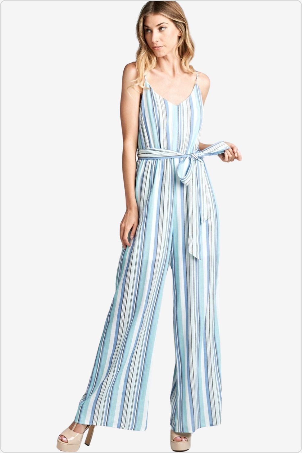 Fashionable striped sleeveless jumpsuit with a tie front, perfect for summer styling, Color Blue