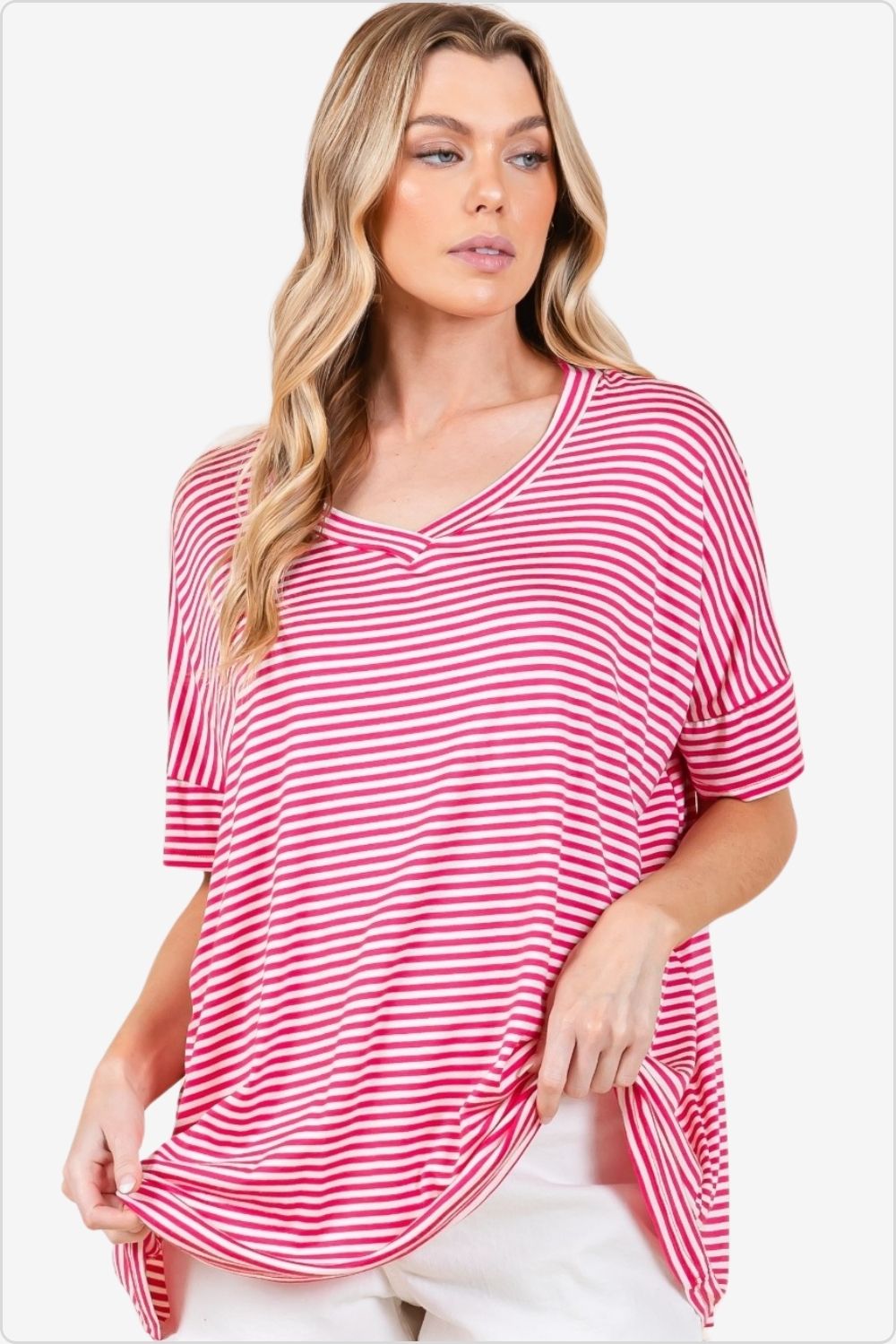 Stylish striped v-neck t-shirt front view, perfect for casual or smart dressing, Color  Fuchsia
