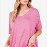 Stylish striped v-neck t-shirt front view, perfect for casual or smart dressing, Color  Fuchsia