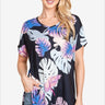 Colorful printed round neck t-shirt front view, perfect for summer casual wear, Color Black