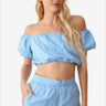 Stylish off-shoulder crop top and high-waisted shorts set, perfect for summer fashion, Color Light Blue