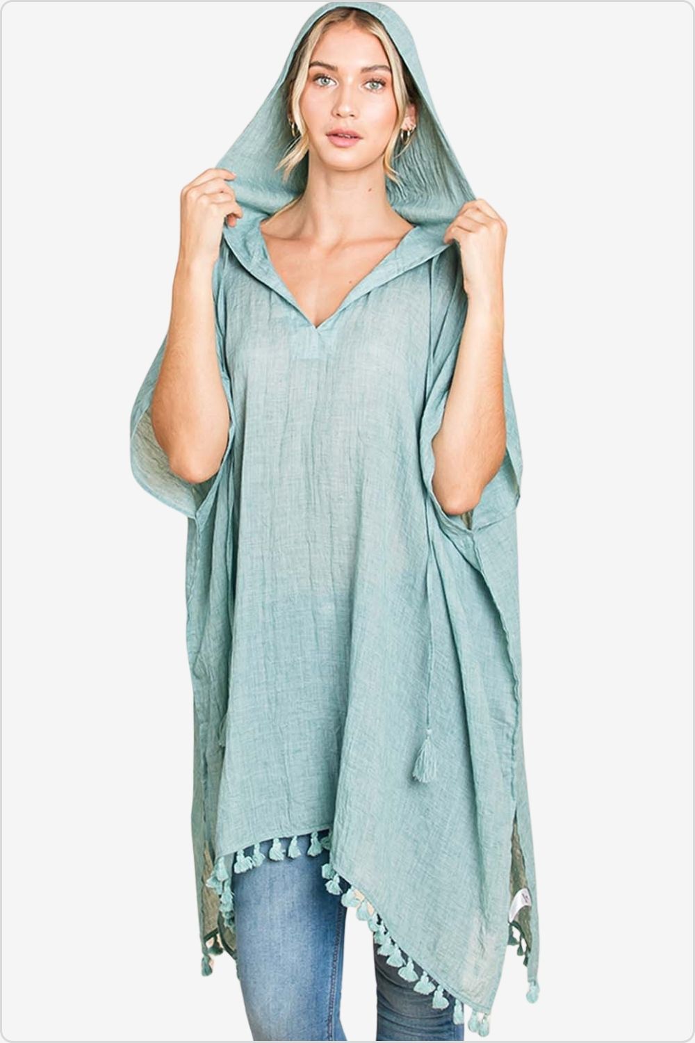 Fashion-forward hooded beach cover-up with tassel hem, perfect for stylish sun protection, Color Mint