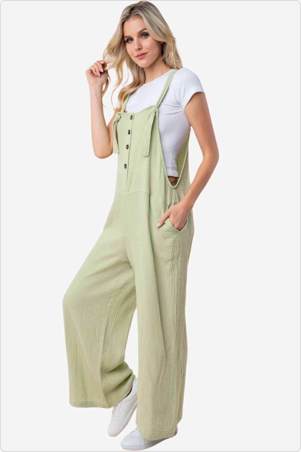 Elegant sleeveless knit jumpsuit with half-button front, perfect for a casual chic look, Color Sage