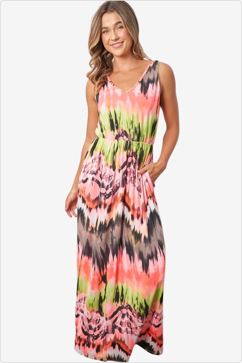 Vibrant tie-dye sleeveless maxi dress, perfect for a stylish summer look, Color Multi