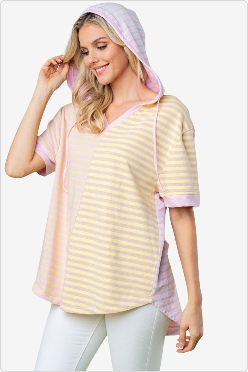 Trendy striped hooded top with drawstring, front view