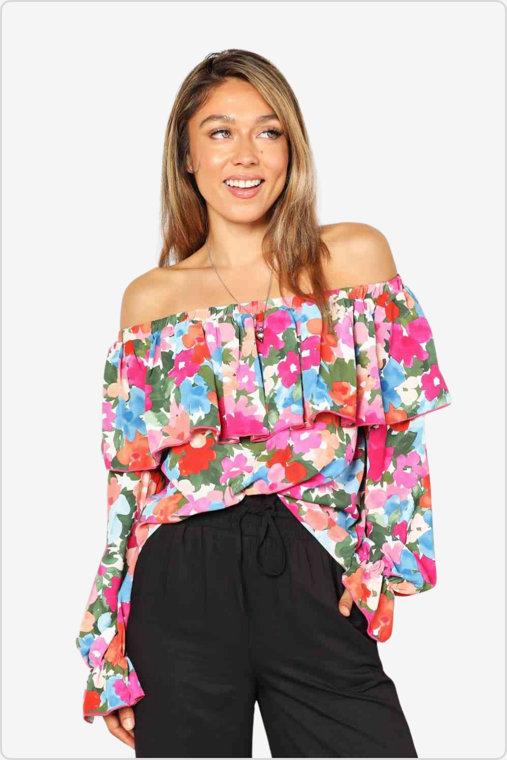 Fashionable Off-Shoulder Floral Blouse with Layered Design