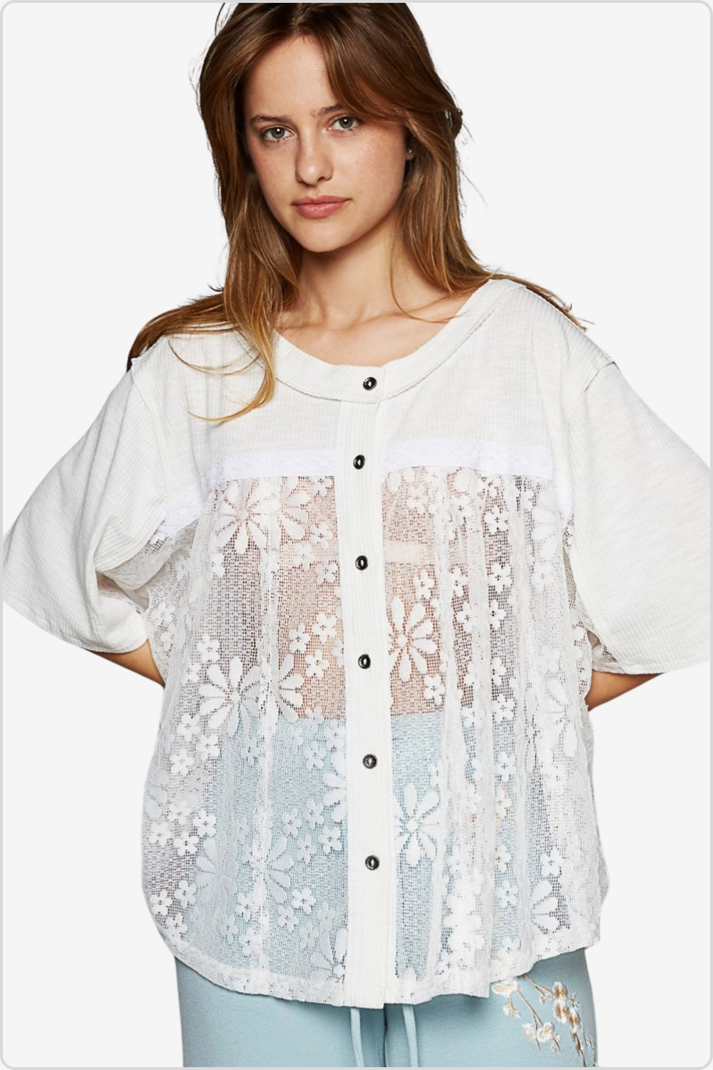 Chic round neck short sleeve lace top, adding elegance to any outfit, front view