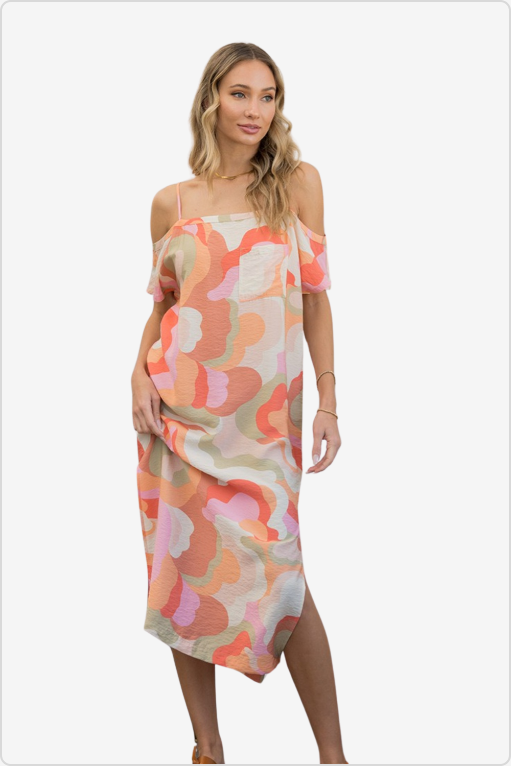 Stylish printed midi dress with an elegant side slit, front view