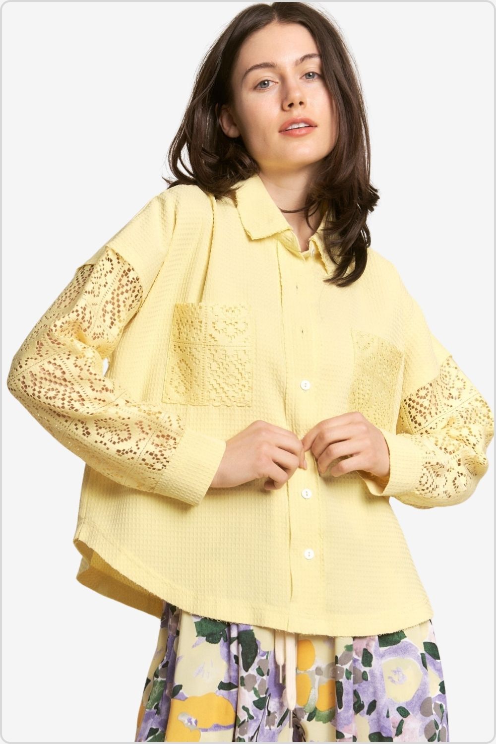 Elegant button-down lace detail waffle shirt with long sleeves, front view