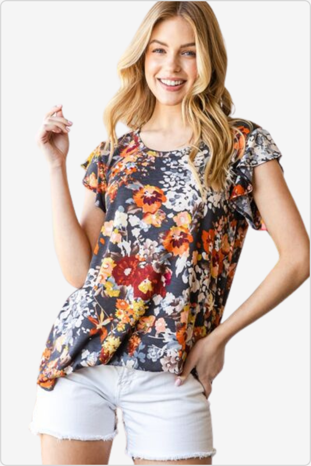 Elegant Floral Blouse with Ruffled Cap Sleeves and Stretchy Fit