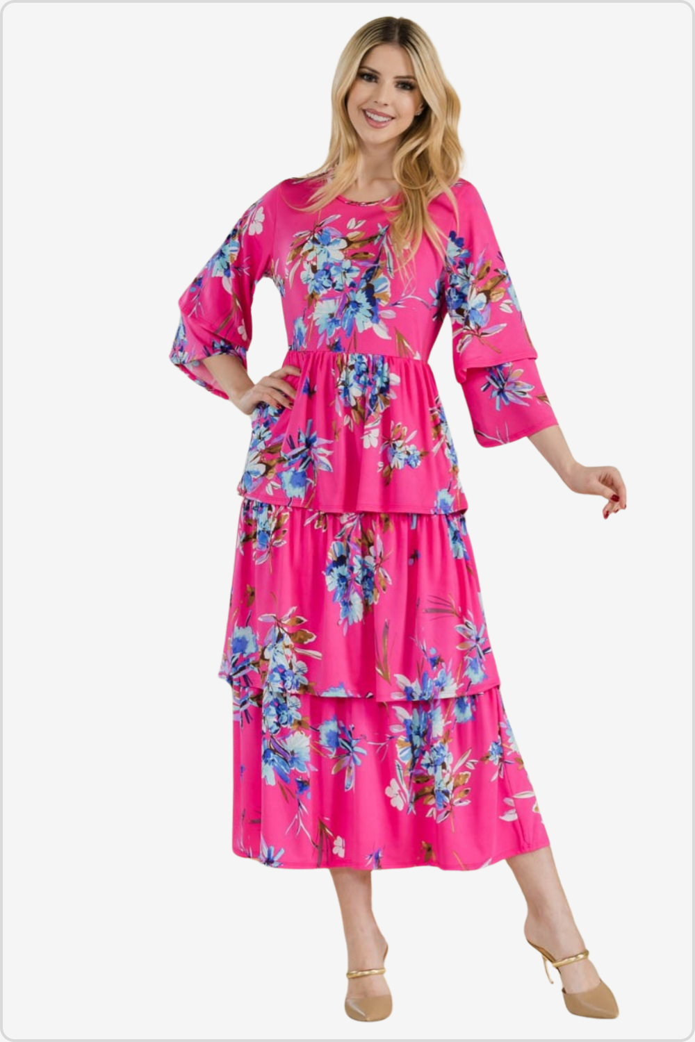 Elegant Floral Ruffle Tiered Midi Dress Front View
