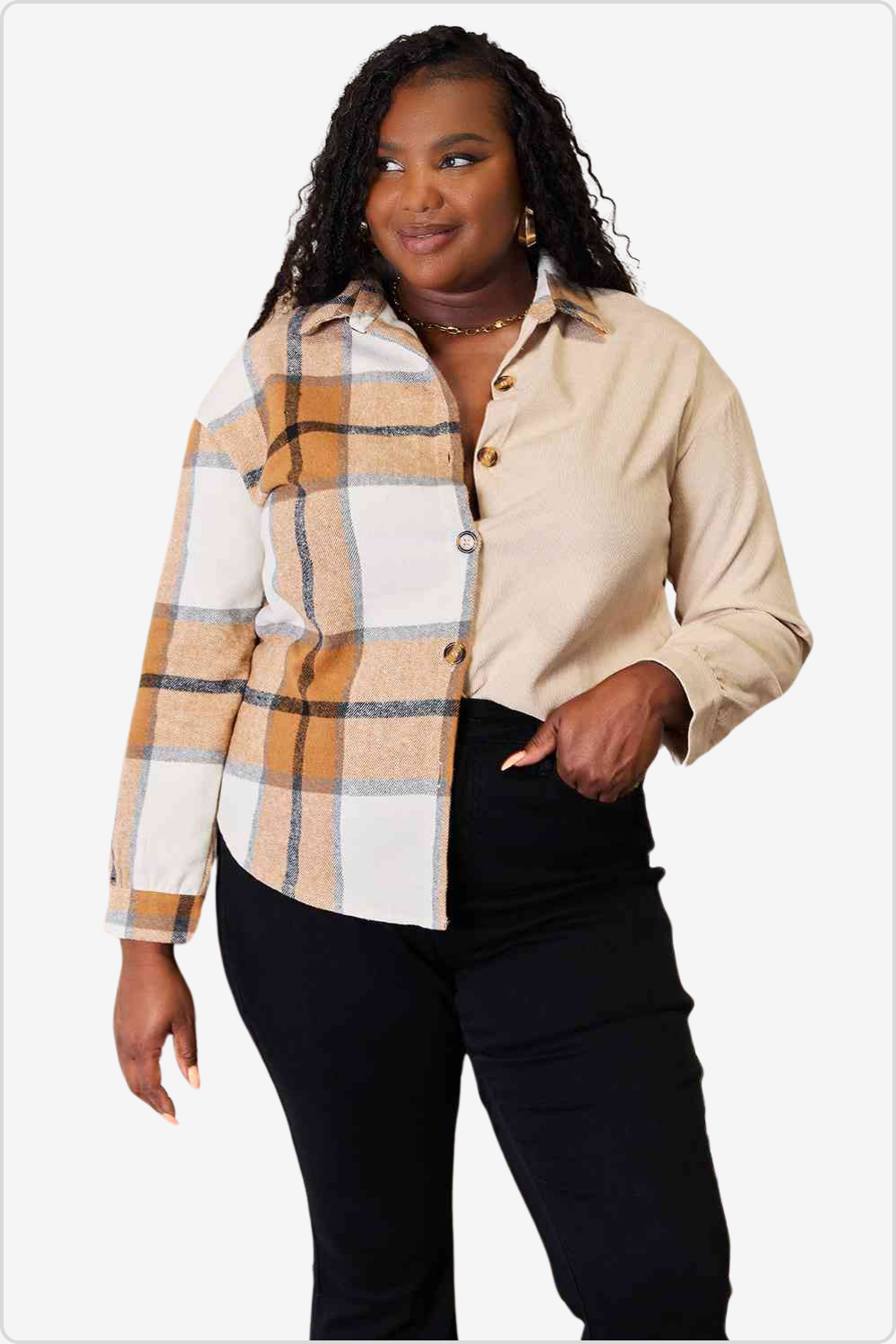 Model wearing Casual Plaid Dropped-Shoulder Shirt, front view.